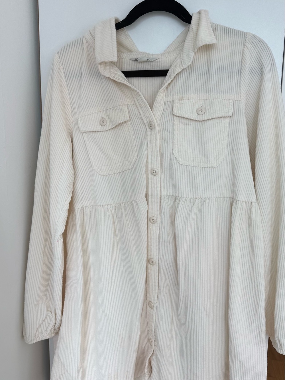 American Eagle Outfitters Cream Button-Front Corduroy Shirt Dress